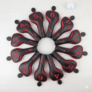 Das golf eisen headcover set in einer eleganten Farbkombination (Schwarz und Rot).