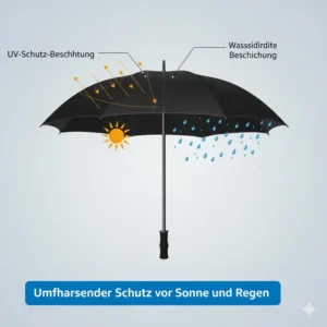 Schaubild zum integrierten UV-Schutz und der Beschichtung beim golf regenschirm groß windfest.