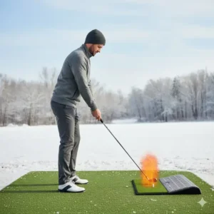 Golfer steht entspannt auf der warmen Matte, was den effektiven Nutzen der Golf Heizmatte bei Kaltwetter Training demonstriert.