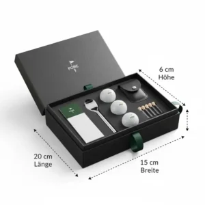 Illustration der kompakten Maße und Abmessungen der golf geschenkbox bälle.