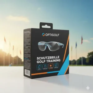Verpackung der schutzbrille golf training – präsentiert die Marke und die wichtigsten Merkmale des Augenschutzes.