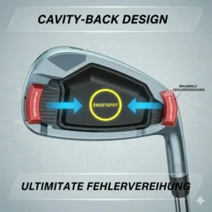 Technical illustration of a cavity back golf eisen set verzeihend design.