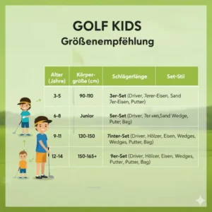 Eine übersichtliche Größentabelle für das passende golf kinder schläger set nach Alter.