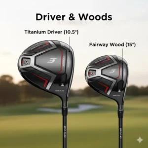 Nahaufnahme der Driver und Hölzer aus einem golf schläger set komplett herren.