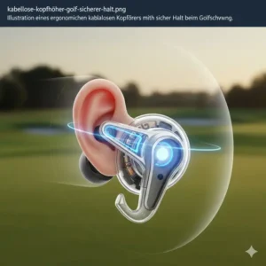 Illustration der ergonomischen Passform, die diese kabellose Kopfhörer golf geeignet für dynamische Schwünge macht.