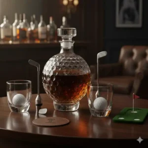 Exklusive Bar-Artikel und golf deko accessoires wie eine Karaffe im Golfball-Design.