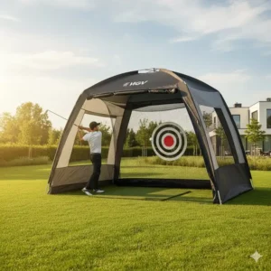 Golfspieler nutzt ein tragbares golf zelt training zur Verbesserung des Schwungs.