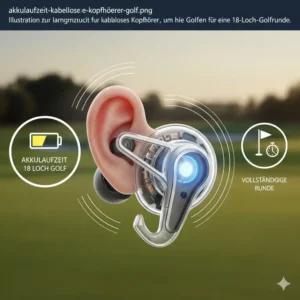 Infografik zur langen Batterielaufzeit, die kabellose Kopfhörer golf geeignet für lange Turniertage macht.