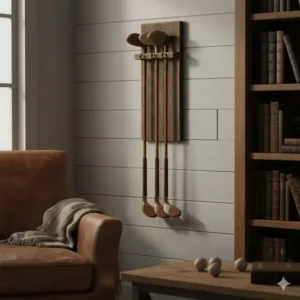Antike Golfschläger an der Wand kombiniert mit modernen golf deko accessoires.