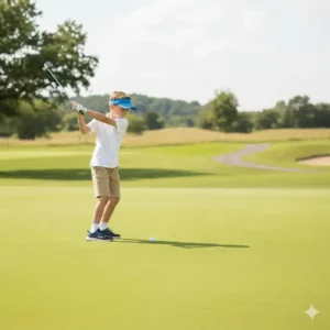 Ein Junge beim Golfschwung mit seinem neuen golf kinder schläger set.