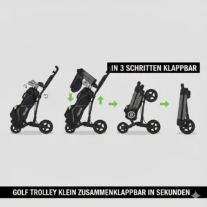 Anleitung wie dieser golf trolley zusammenklappbar klein in nur drei Schritten gefaltet wird.