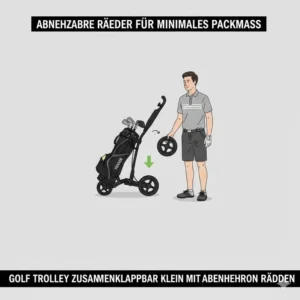 Dank abnehmbarer Räder bleibt der golf trolley zusammenklappbar klein im Packmaß extrem flach.