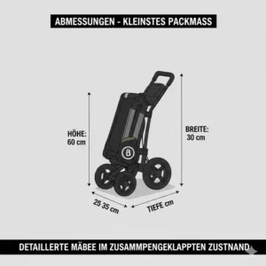 Infografik über die kompakten Maße vom golf trolley zusammenklappbar klein im gefalteten Zustand.