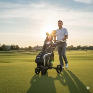 Ein Golfspieler auf dem Platz mit seiner professionellen golf tasche cart bag groß.