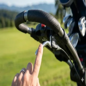 Detailaufnahme der manuellen Feststellbremse an einem golf trolley mit bremse am Griff.