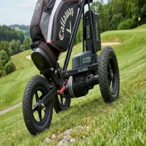 Die breite Spurweite bietet diesem golf trolley für hügeliges gelände maximale Stabilität.