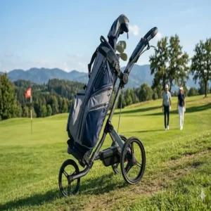 Elektro golf trolley mit bremse und automatischer Bergabfahrfunktion für steiles Gelände.