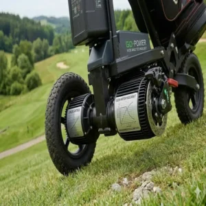 Integrierte Bergabfahrkontrolle sorgt bei diesem golf trolley für hügeliges gelände für Sicherheit.