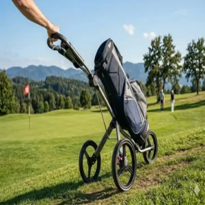 Dreirädriger manueller Push golf trolley mit bremse für eine einfache Geschwindigkeitskontrolle.