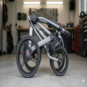 Ein zusammengeklappter golf trolley mit bremse für den einfachen Transport im Auto.
