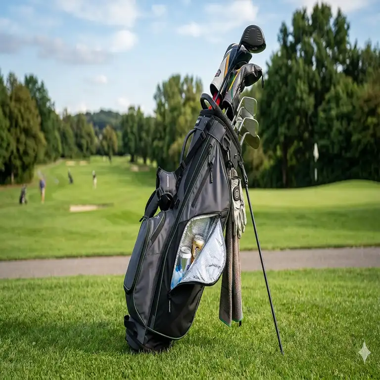 Eine moderne Golf Tasche mit Kühlfach auf einem grünen Golfplatz während eines sonnigen Tages.