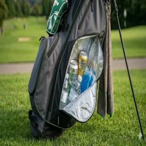 Geöffnete Golf Tasche mit Kühlfach, das mehrere Getränkedosen und Kühlakkus enthält.