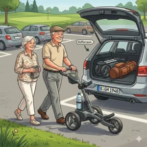 Ein kompakter und leicht faltbarer Golf Trolley für Senioren im Auto.
