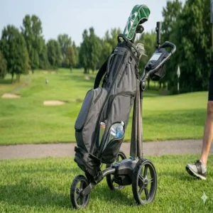 Eine schwarze Golf Tasche mit Kühlfach montiert auf einem elektrischen Golf Trolley.
