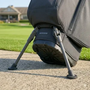 Der stabile Standmechanismus einer golf tasche langlebiges material auf dem Rasen.