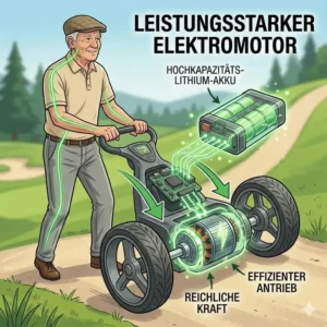 Leistungsstarker Elektromotor und Akku im Golf Trolley für Senioren.