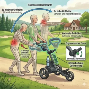 Ergonomischer und höhenverstellbarer Griff am Golf Trolley für Senioren.