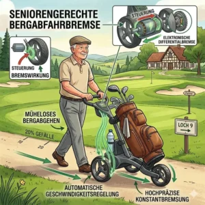Sichere Bergabfahrbremse integriert im Golf Trolley für Senioren.