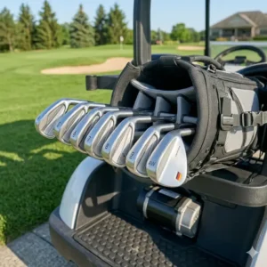 Eine voll ausgestattete golf tasche langlebiges material sicher auf einem Golfcart.