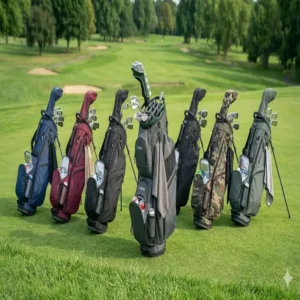 Verschiedene Modelle und Farben von Golf Taschen mit Kühlfach im Vergleich.