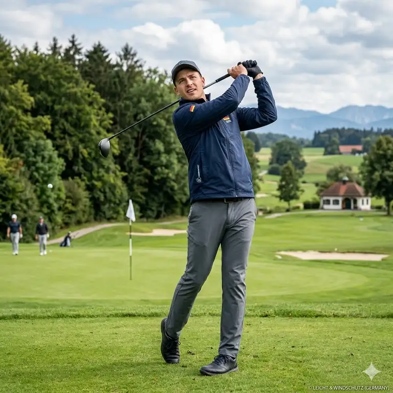 Eine hochwertige herrenjacke auf dem golfplatz, ideal als golf jacke leicht windschutz beim spiel.