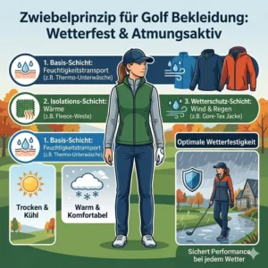 Infografik zum Zwiebelprinzip für funktionale golf bekleidung wetterfest mit drei Schichten.