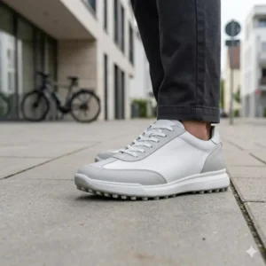Ein Mann trägt stilvolle golf schuhe spikelos herren in seiner Freizeit kombiniert mit einer Chino.