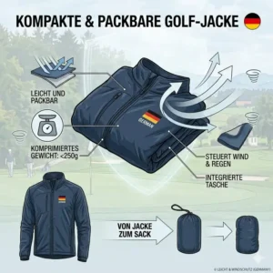 Infografik über das kompakte design einer golf jacke leicht windschutz zum einfachen falten.