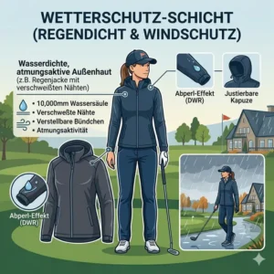 Eine wasserdichte Regenjacke als wichtiger Bestandteil der golf bekleidung wetterfest für Damen und Herren.