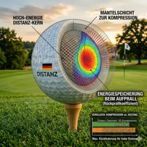 Infografik zur Kompression und Verformung beim golf ball für hohe distanz.