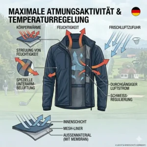 Diagramm der atmungsaktivität für eine funktionale golf jacke leicht windschutz bei bewegung.