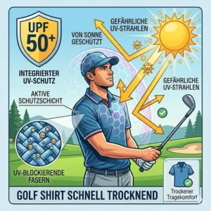 Vektorgrafik eines Golfers unter Sonneneinstrahlung mit integriertem UPF 50+ Schutz-Symbol – Ein funktionales Golf Shirt schnell trocknend und schützend.