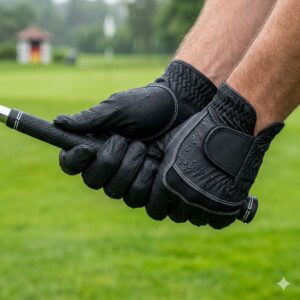 Ein Golfer macht một Schwung bei starkem Regen mit seinen golf handschuhe regenfest.