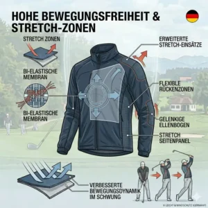 Illustration der flexiblen stretch-zonen einer golf jacke leicht windschutz für den perfekten abschlag.