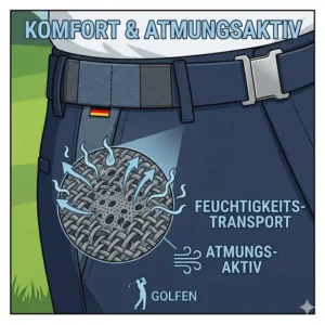 Wassertropfen perlen an der Oberfläche ab, was die wasserabweisende und schmutzabweisende Funktion dieser golf hose elastisch herren zeigt.