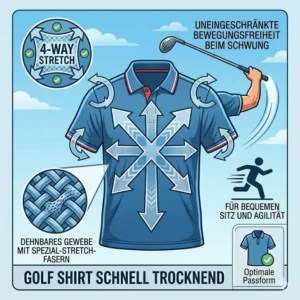 Illustration der 4-Wege-Stretch-Technologie, die die Dehnbarkeit des Stoffes beim Golfschwung zeigt – Flexibles Golf Shirt schnell trocknend.