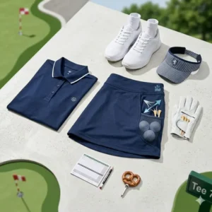 Ein komplettes Golf-Outfit flach hingelegt mit Poloshirt, Kappe, Schuhen und dem golf rock damen sportlich.