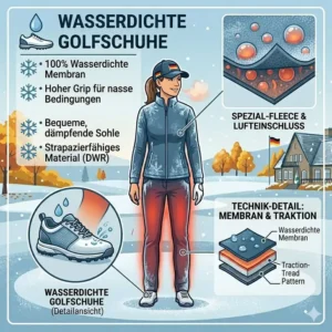 Wasserdichte Golfschuhe kombiniert mit professioneller golf bekleidung wetterfest für nasse Greens.