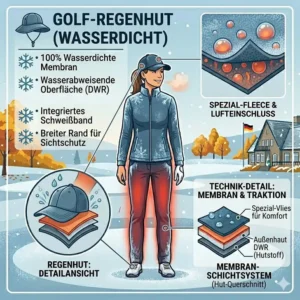 Ein wasserabweisender Regenhut ergänzt die optimale golf bekleidung wetterfest bei schlechtem Wetter.