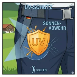 Sonnenschutzsymbol über dem Stoff, das den integrierten UV-Schutz dieser schützenden golf hose elastisch herren hervorhebt.